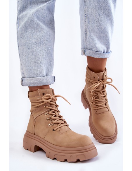 Leather Warm Lace-up Boots Beige Merisha