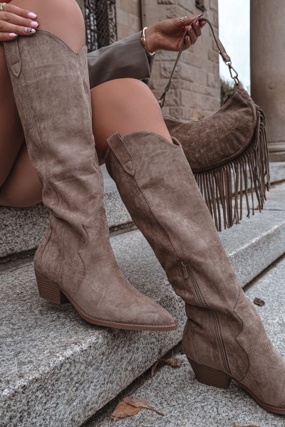 Eco Suede Cowboy Boots Women's Heeled Beige Jenaya