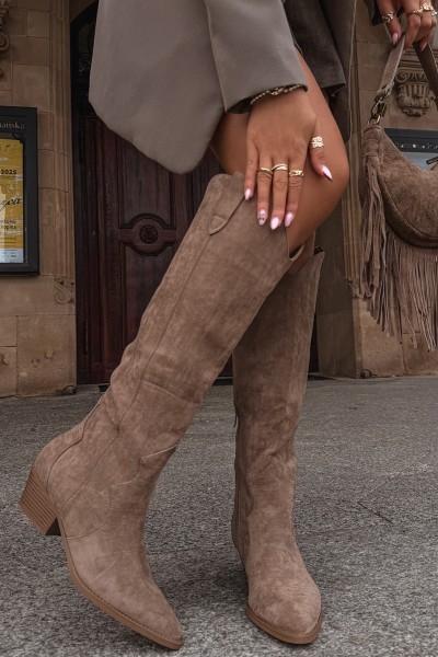 Eco Suede Cowboy Boots Women's Heeled Beige Jenaya 2