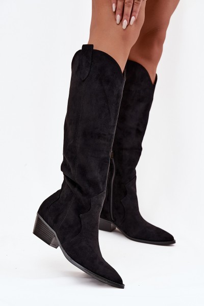 Eco Suede Cowboy Boots Women's Heeled Black Jenaya