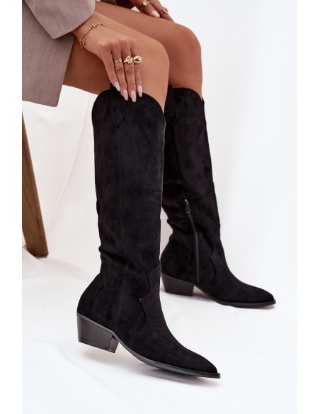 Eco Suede Cowboy Boots Women's Heeled Black Jenaya