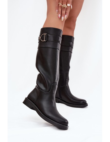 Women's Flat Heeled Boots with Decorative Detail Black Arvessa