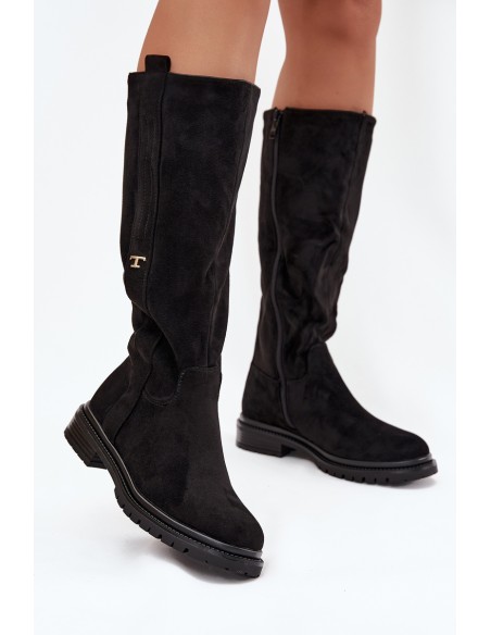 Women's Insulated Flat Heel Boots Eco Suede Black Delyssa