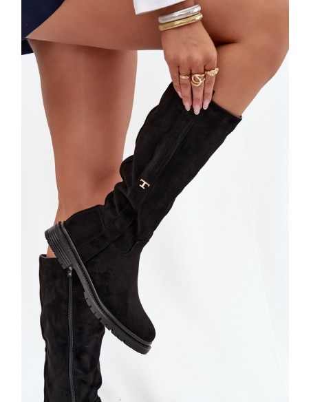 Women's Insulated Flat Heel Boots Eco Suede Black Delyssa