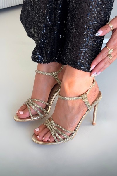Women's High Heel Sandals with Straps and Rhinestones Gold Tanelle