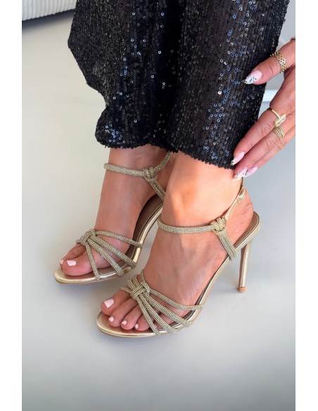 Women's High Heel Sandals with Straps and Rhinestones Gold Tanelle