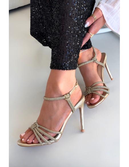 Women's High Heel Sandals with Straps and Rhinestones Gold Tanelle