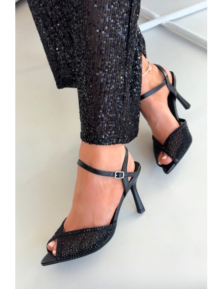 Ladies Heeled Sandals with Embellishment Black Peloria