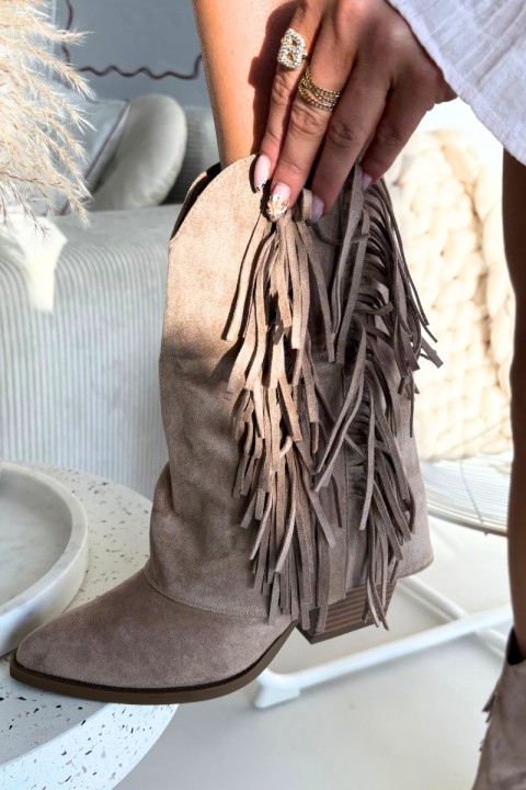 Women's cowboy ankle boots with fringes on a heel Khaki Gralina
