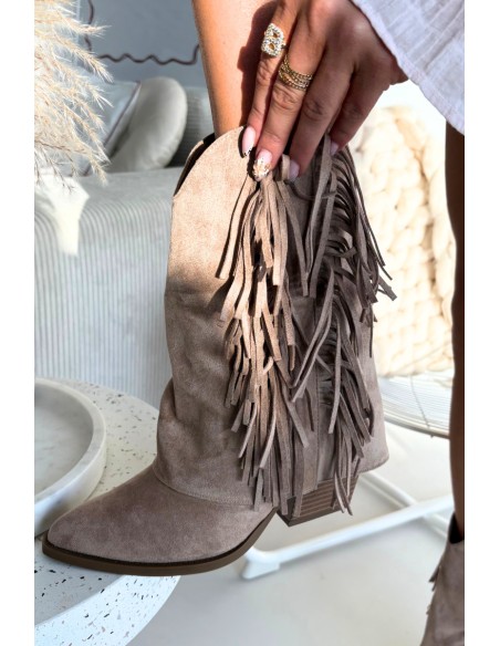 Women's cowboy ankle boots with fringes on a heel Khaki Gralina