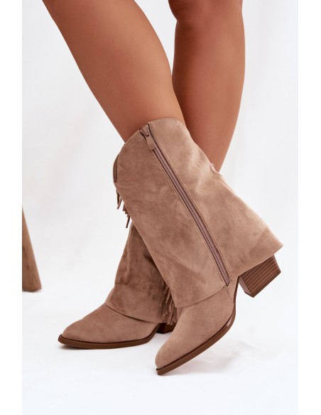 Women's cowboy ankle boots with fringes on a heel Khaki Gralina