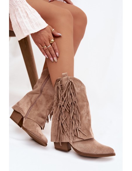 Women's cowboy ankle boots with fringes on a heel Khaki Gralina
