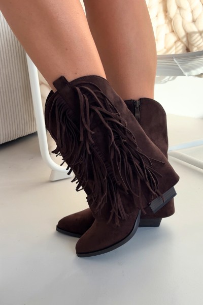 Women's Cowboy Boots With Fringes On Heel Chocolate Gralina