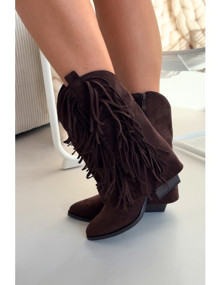 Women's Cowboy Boots With Fringes On Heel Chocolate Gralina