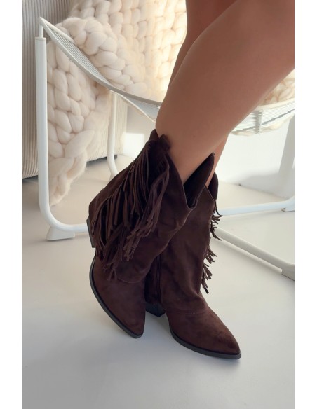 Women's Cowboy Boots With Fringes On Heel Chocolate Gralina