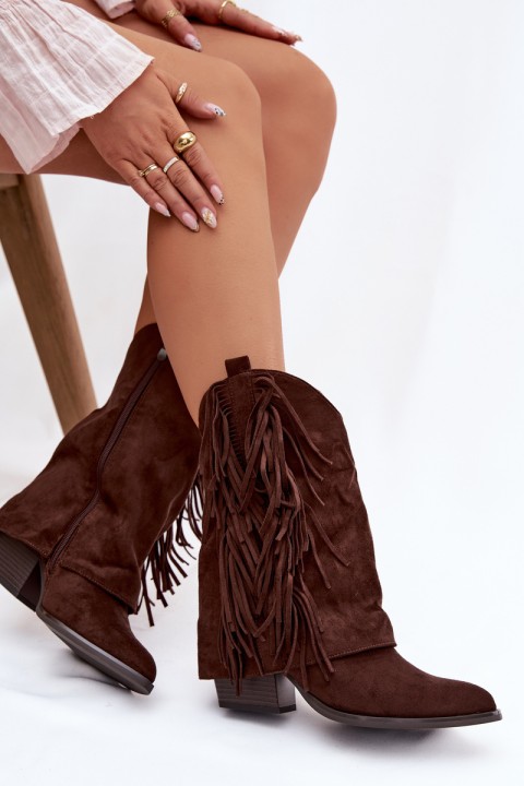 Women's Cowboy Boots With Fringes On Heel Chocolate Gralina