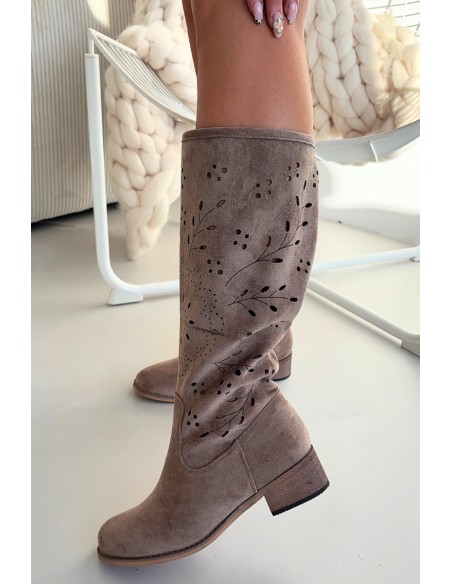 Openwork Women's Boots on Block Heel Khaki Helinna