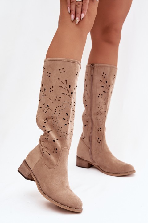 Openwork Women's Boots on Block Heel Khaki Helinna