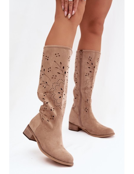 Openwork Women's Boots on Block Heel Khaki Helinna