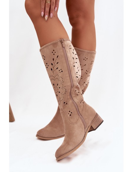 Openwork Women's Boots on Block Heel Khaki Helinna