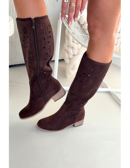 Openwork Women's Boots on Block Heel Chocolate Helinna