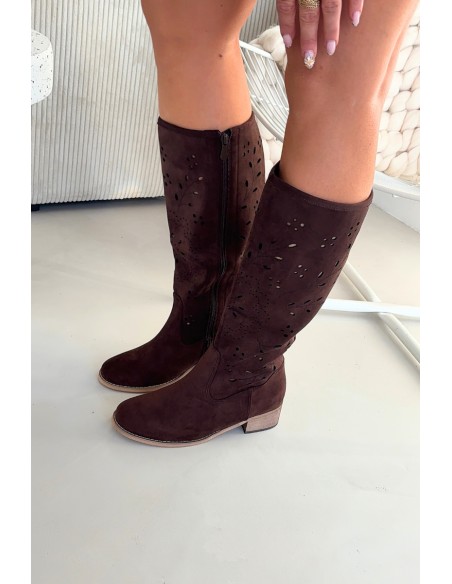 Openwork Women's Boots on Block Heel Chocolate Helinna