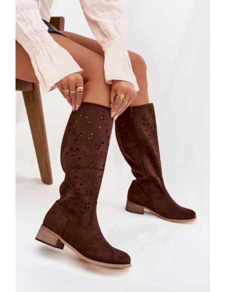 Openwork Women's Boots on Block Heel Chocolate Helinna