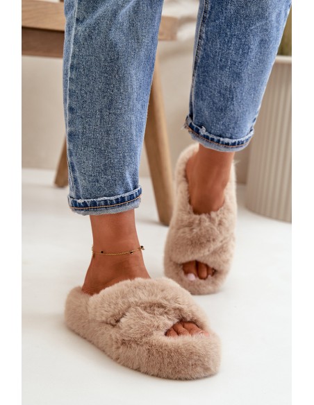 Womens Fur Slippers On Thick Sole Beige Lavitera