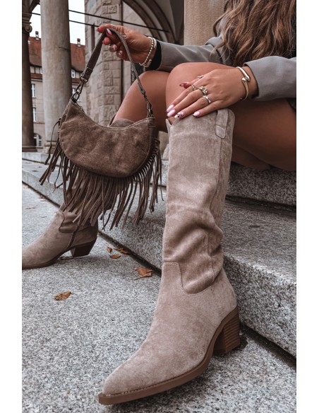 Women's cowboy boots with heel made of eco suede beige Esmira