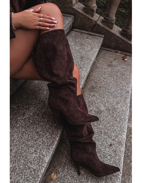 Slip on Women's Heeled Boots Made of Eco Suede Chocolate Noretta