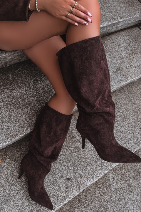 Slip on Women's Heeled Boots Made of Eco Suede Chocolate Noretta
