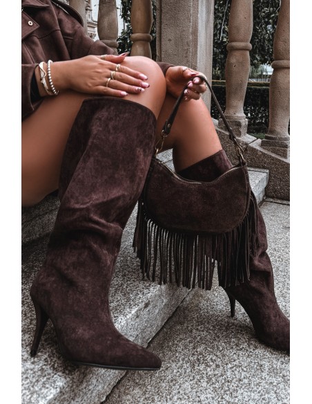 Slip on Women's Heeled Boots Made of Eco Suede Chocolate Noretta