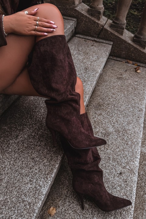 Slip on Women's Heeled Boots Made of Eco Suede Chocolate Noretta