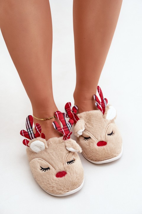 Christmas Slippers With Reindeer Motif Beige Sylaia