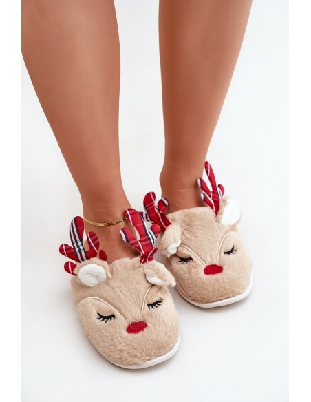 Christmas Slippers With Reindeer Motif Beige Sylaia