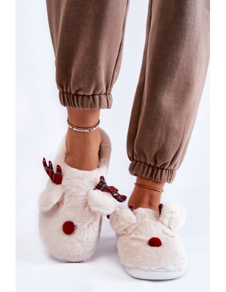 Women's Christmas Fur Slippers With Reindeer Creamy Claire