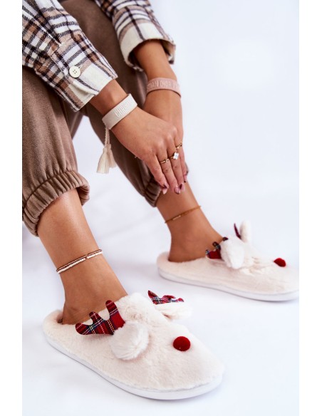 Women's Christmas Fur Slippers With Reindeer Creamy Claire