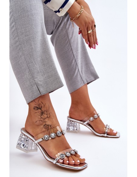 Women's Slippers With Decorative Zircons Silver Leyla