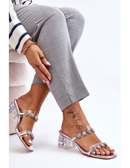 Women's Slippers With Decorative Zircons Silver Leyla