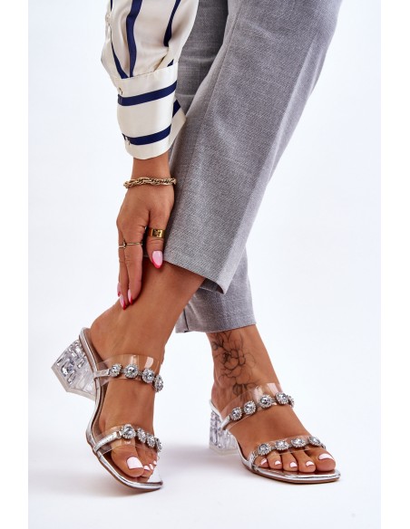 Women's Slippers With Decorative Zircons Silver Leyla