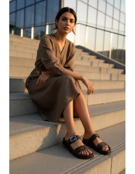 Moteriškos šlepetės su auksine sagtimi, rudos spalvos Fiorisse