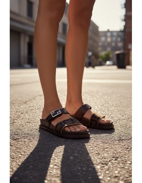 Women's Slippers With Gold Buckle Brown Fiorisse