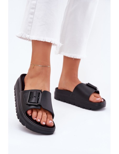 Womens Foam Slippers On Platform With Buckle Black Viasara