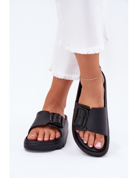 Womens Foam Slippers On Platform With Buckle Black Viasara