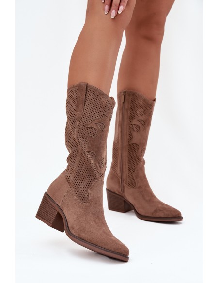 Openwork Cowboy Boots Women's Heeled Dark Beige Olivette