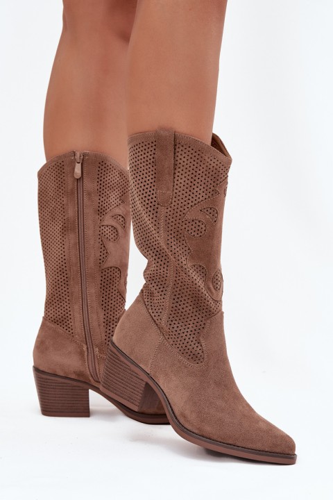 Openwork Cowboy Boots Women's Heeled Dark Beige Olivette