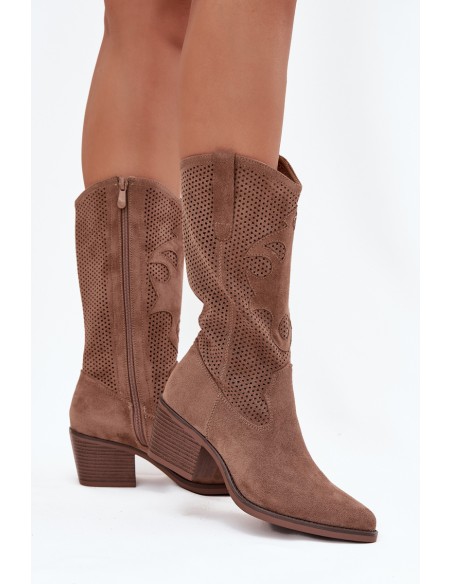 Ažūriniai kaubojiški moteriški aulinukai su kulniuku tamsiai smėlio spalvos...