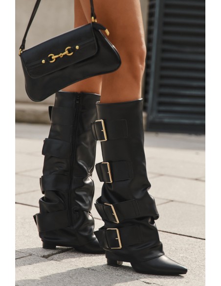 Women's heeled boots with turned upper and gold buckles Black Isavelle