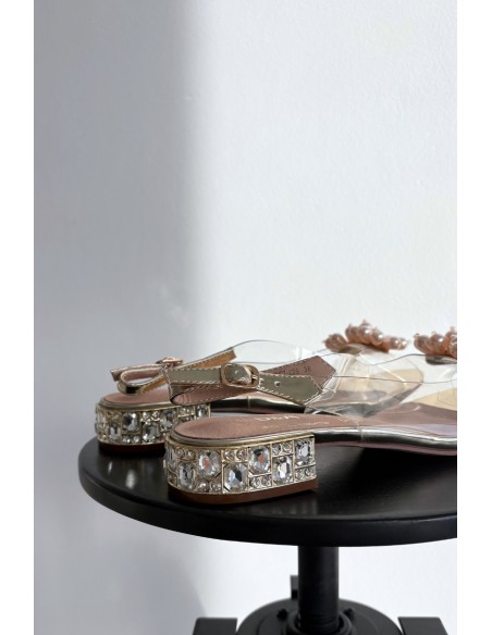 Transparent Low Heel Sandals with Decorative Details D&A MR52-229 Gold