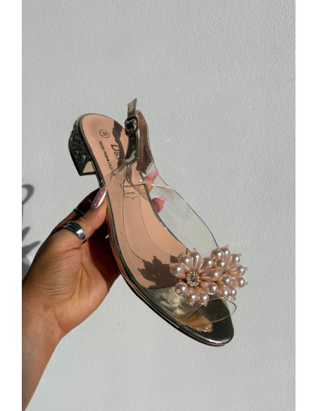Transparent Low Heel Sandals with Decorative Details D&A MR52-229 Gold